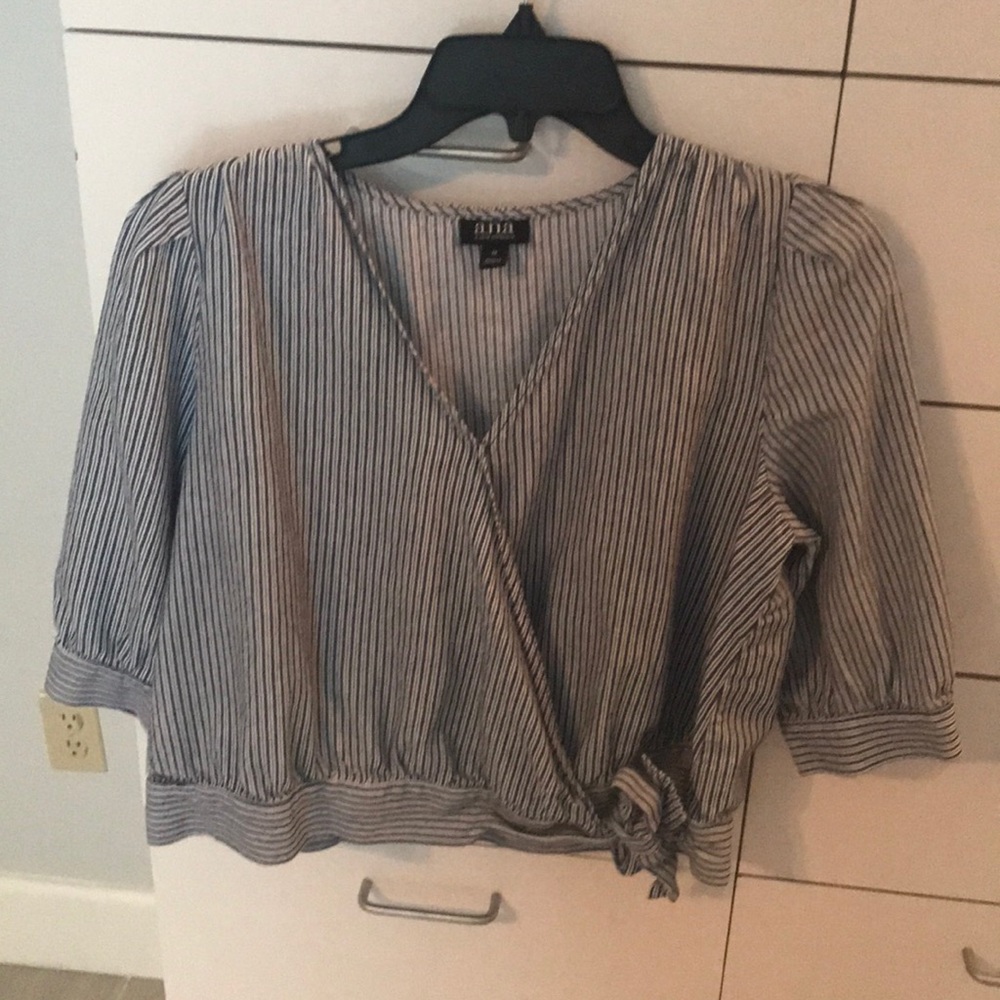 Ana blue stripe linen blend wrap blouse